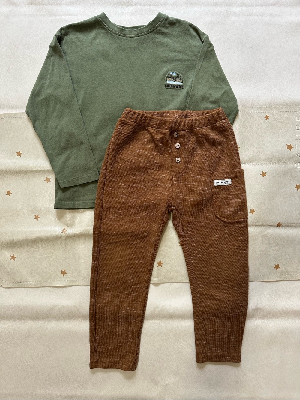 4/5 Zara Explore Embroidered Forest Green Cotton Shirt & Brown Knit Joggers